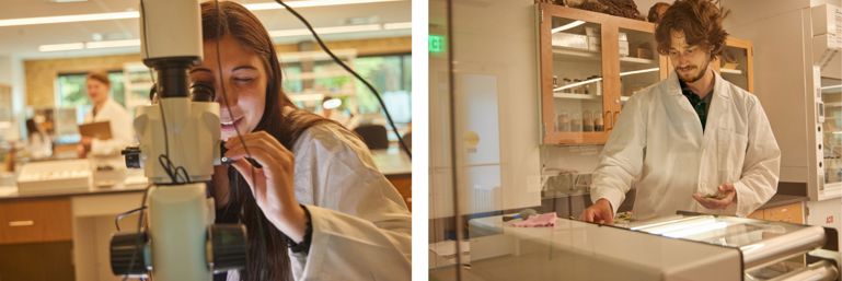 Photos of two employees using lab equipment
